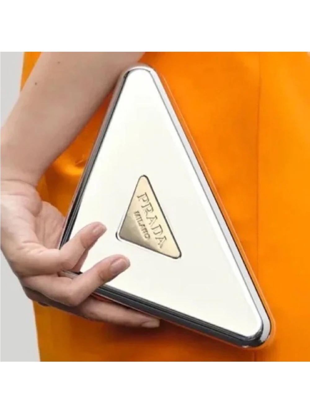 A must have!PRADA Signature Triangular Clutch In Silver Gold Combn - Picture 4 of 8